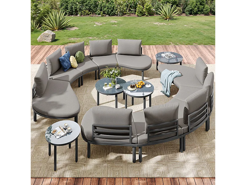 Modulares Gartenset für 10 Personen, rundes Sofa und 4 Sicherheitsglas-Couchtische, mit Kissen und Polstern
