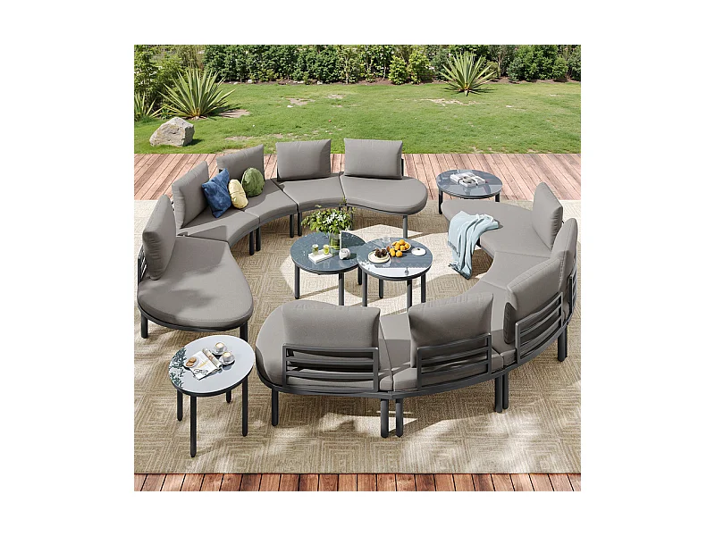 Salon de jardin modulable, 10 personnes, canapé rond et 4 tables basses en verre durci, avec coussins et oreillers