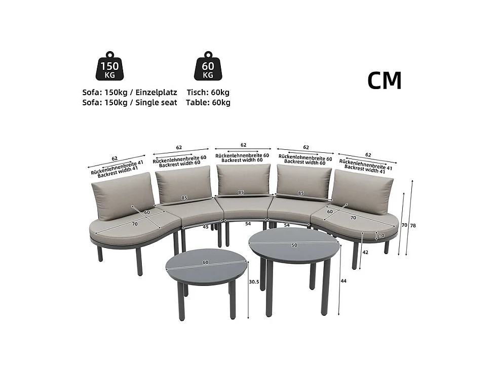 Salon de jardin modulable, 10 personnes, canapé rond et 4 tables basses en verre durci, avec coussins et oreillers