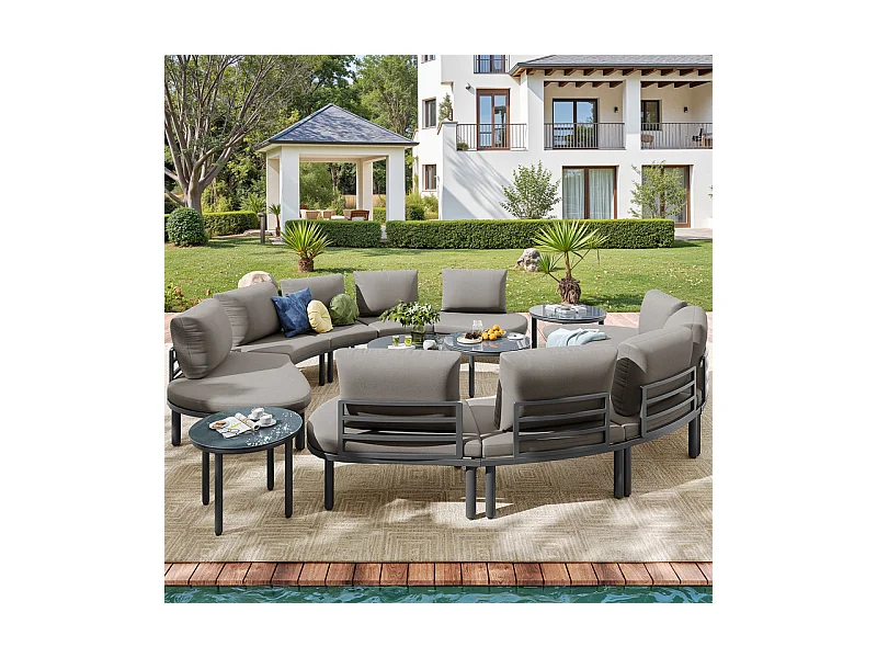 Salon de jardin modulable, 10 personnes, canapé rond et 4 tables basses en verre durci, avec coussins et oreillers