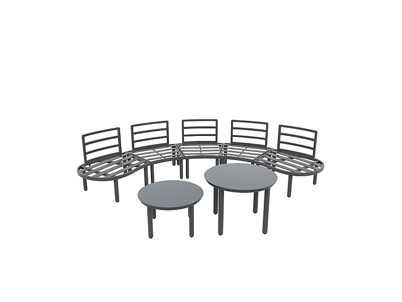 Salon de jardin modulable, 10 personnes, canapé rond et 4 tables basses en verre durci, avec coussins et oreillers