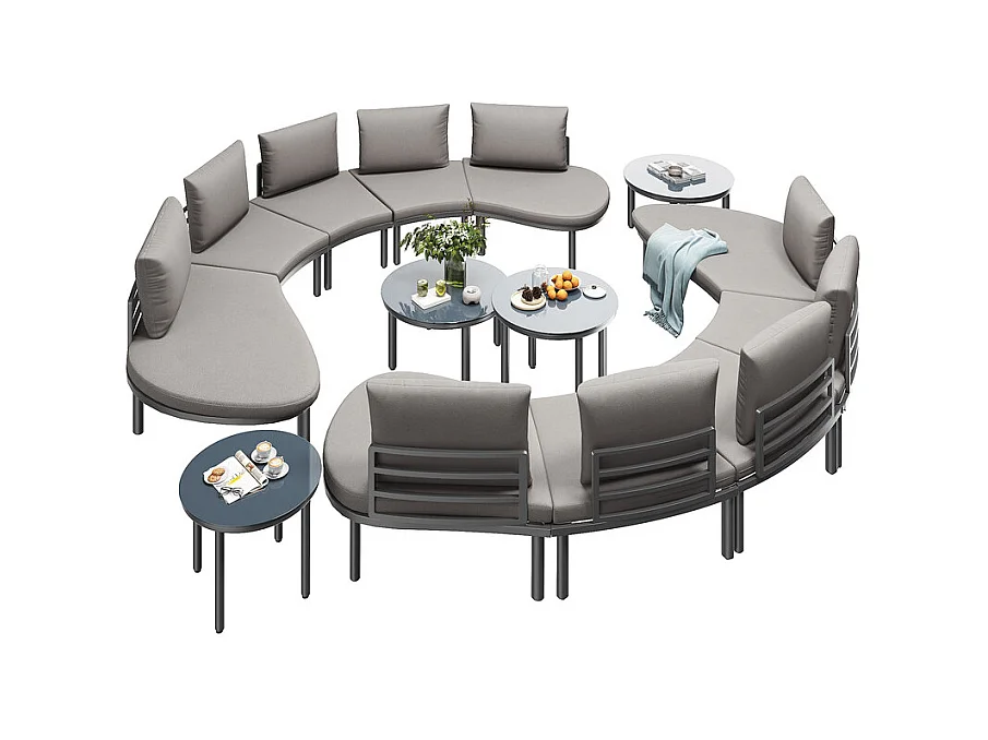 Salon de jardin modulable, 10 personnes, canapé rond et 4 tables basses en verre durci, avec coussins et oreillers