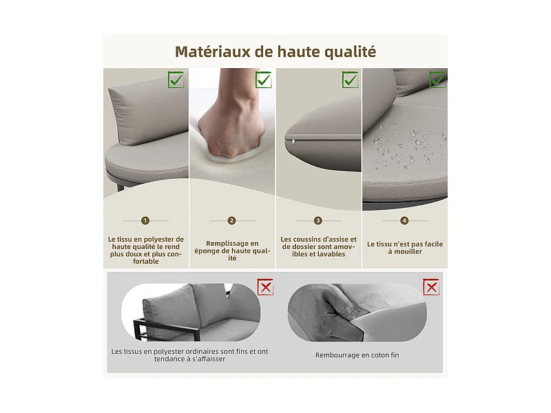 Salon de jardin modulable, 10 personnes, canapé rond et 4 tables basses en verre durci, avec coussins et oreillers