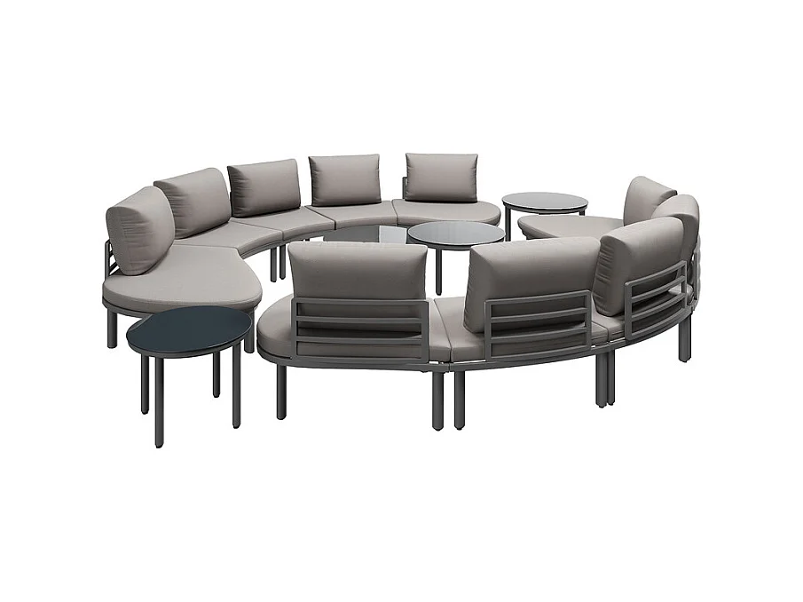 Salon de jardin modulable, 10 personnes, canapé rond et 4 tables basses en verre durci, avec coussins et oreillers