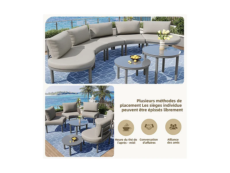 Salon de jardin modulable, 10 personnes, canapé rond et 4 tables basses en verre durci, avec coussins et oreillers