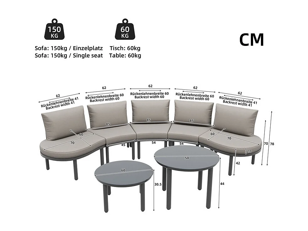 Salon de jardin modulable, 10 personnes, canapé rond et 4 tables basses en verre durci, avec coussins et oreillers