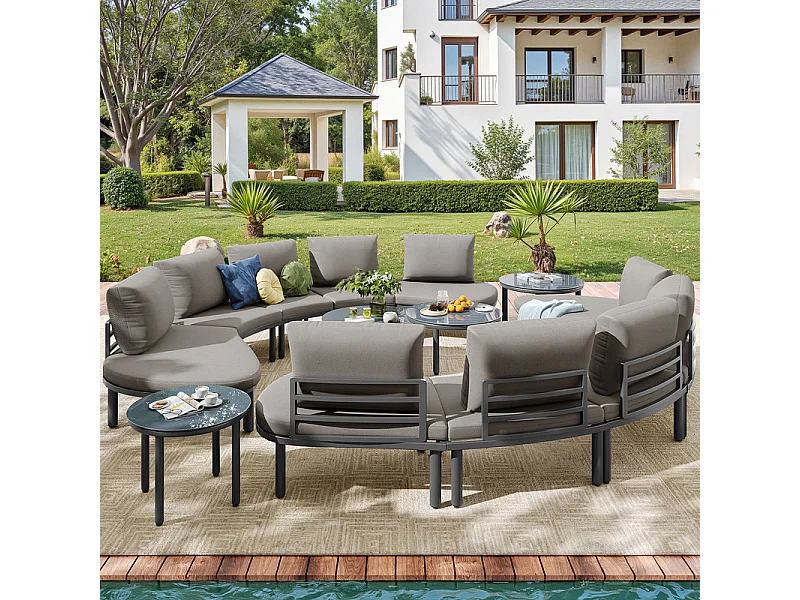 Salon de jardin modulable, 10 personnes, canapé rond et 4 tables basses en verre durci, avec coussins et oreillers