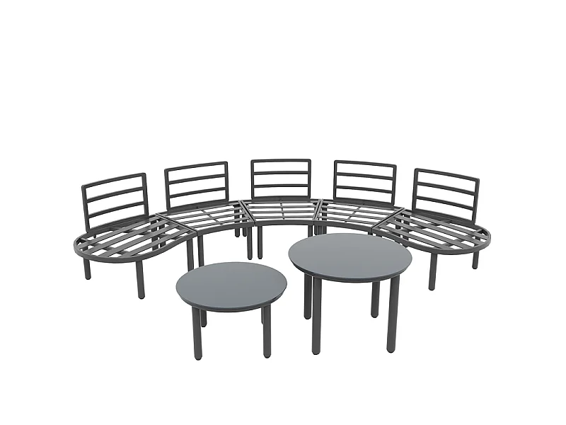 Salon de jardin modulable, 10 personnes, canapé rond et 4 tables basses en verre durci, avec coussins et oreillers