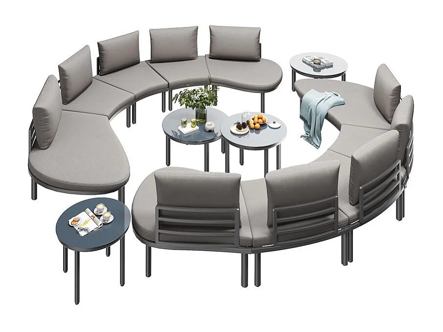 Salon de jardin modulable, 10 personnes, canapé rond et 4 tables basses en verre durci, avec coussins et oreillers