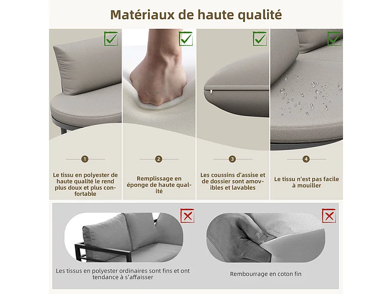 Salon de jardin modulable, 10 personnes, canapé rond et 4 tables basses en verre durci, avec coussins et oreillers