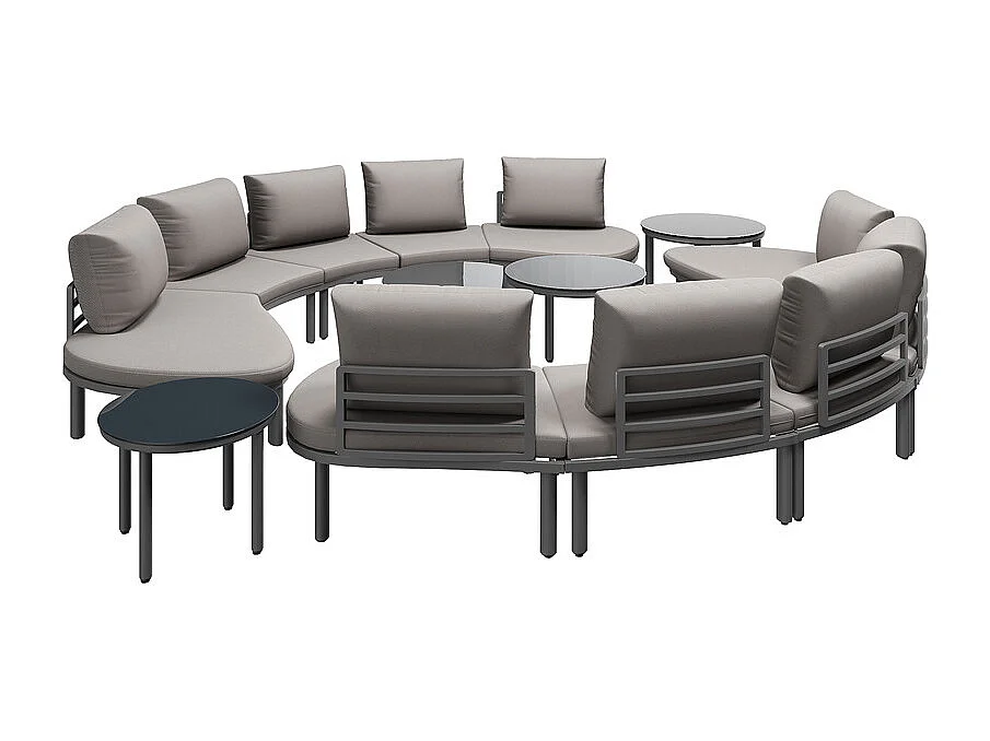 Salon de jardin modulable, 10 personnes, canapé rond et 4 tables basses en verre durci, avec coussins et oreillers