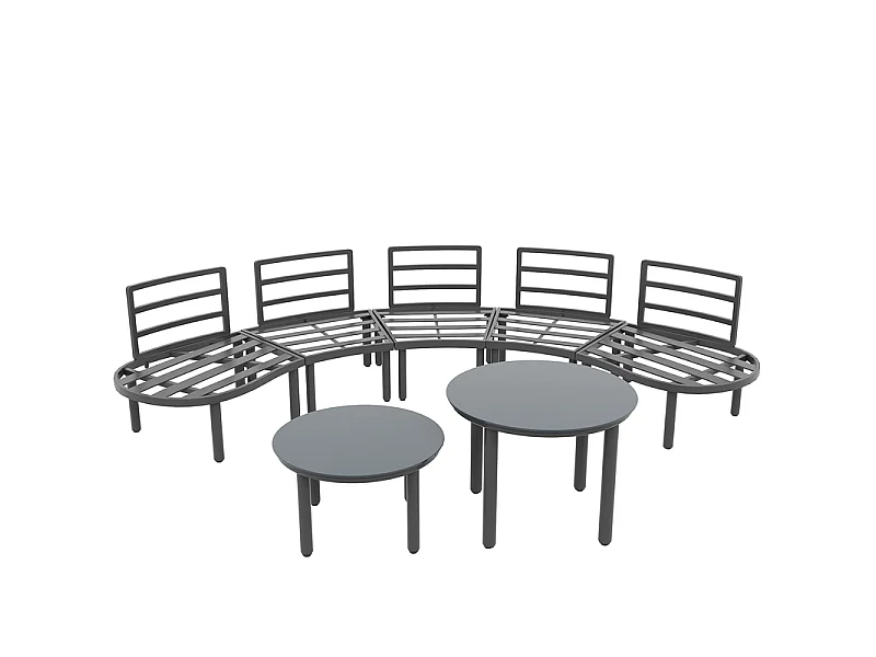 Salon de jardin modulable, 10 personnes, canapé rond et 4 tables basses en verre durci, avec coussins et oreillers