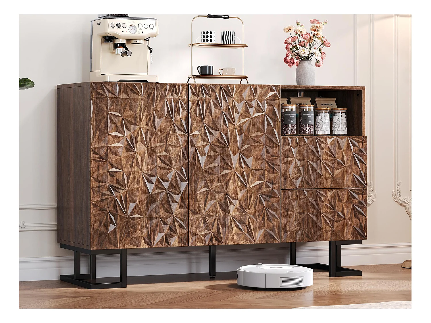 Buffet moderne 120x40x78.5cm - avec 2 tiroirs et 2 portes - relief des feuilles - Marron