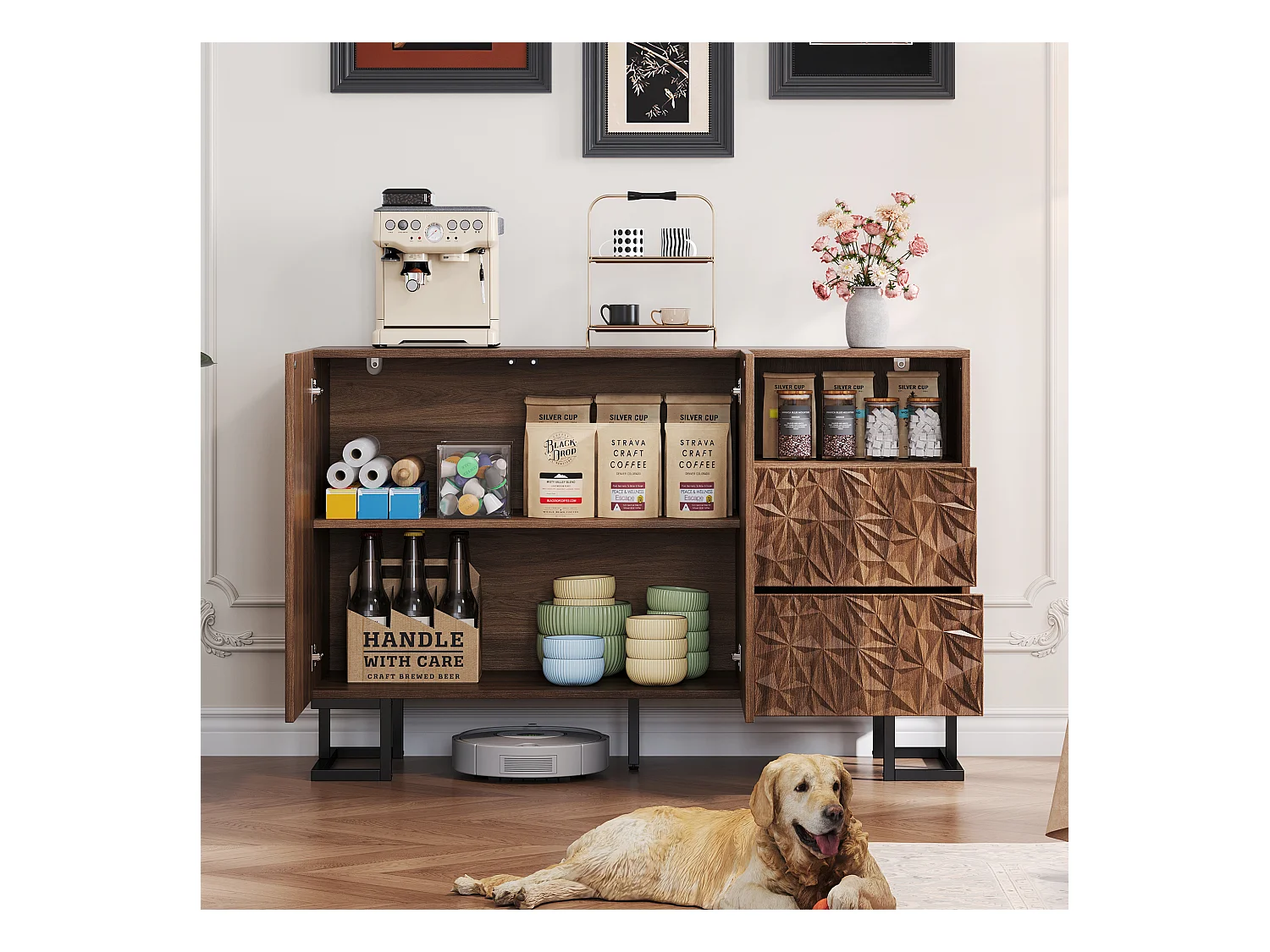 Buffet moderne 120x40x78.5cm - avec 2 tiroirs et 2 portes - relief des feuilles - Marron