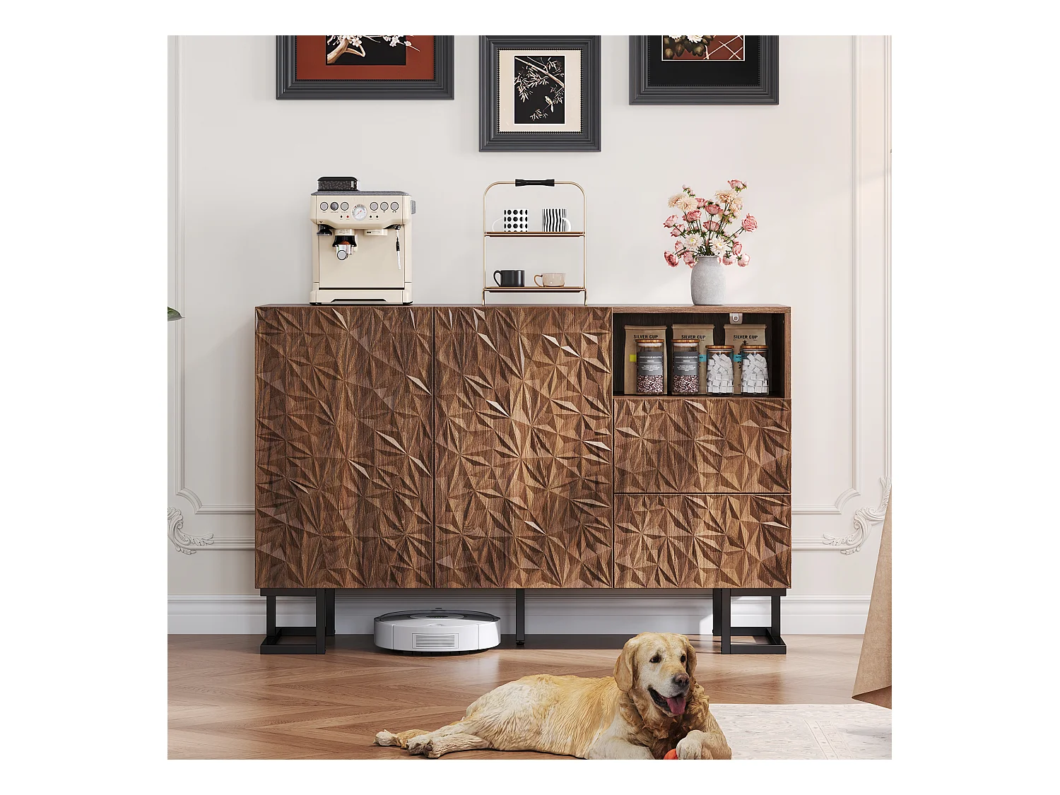 Buffet moderne 120x40x78.5cm - avec 2 tiroirs et 2 portes - relief des feuilles - Marron