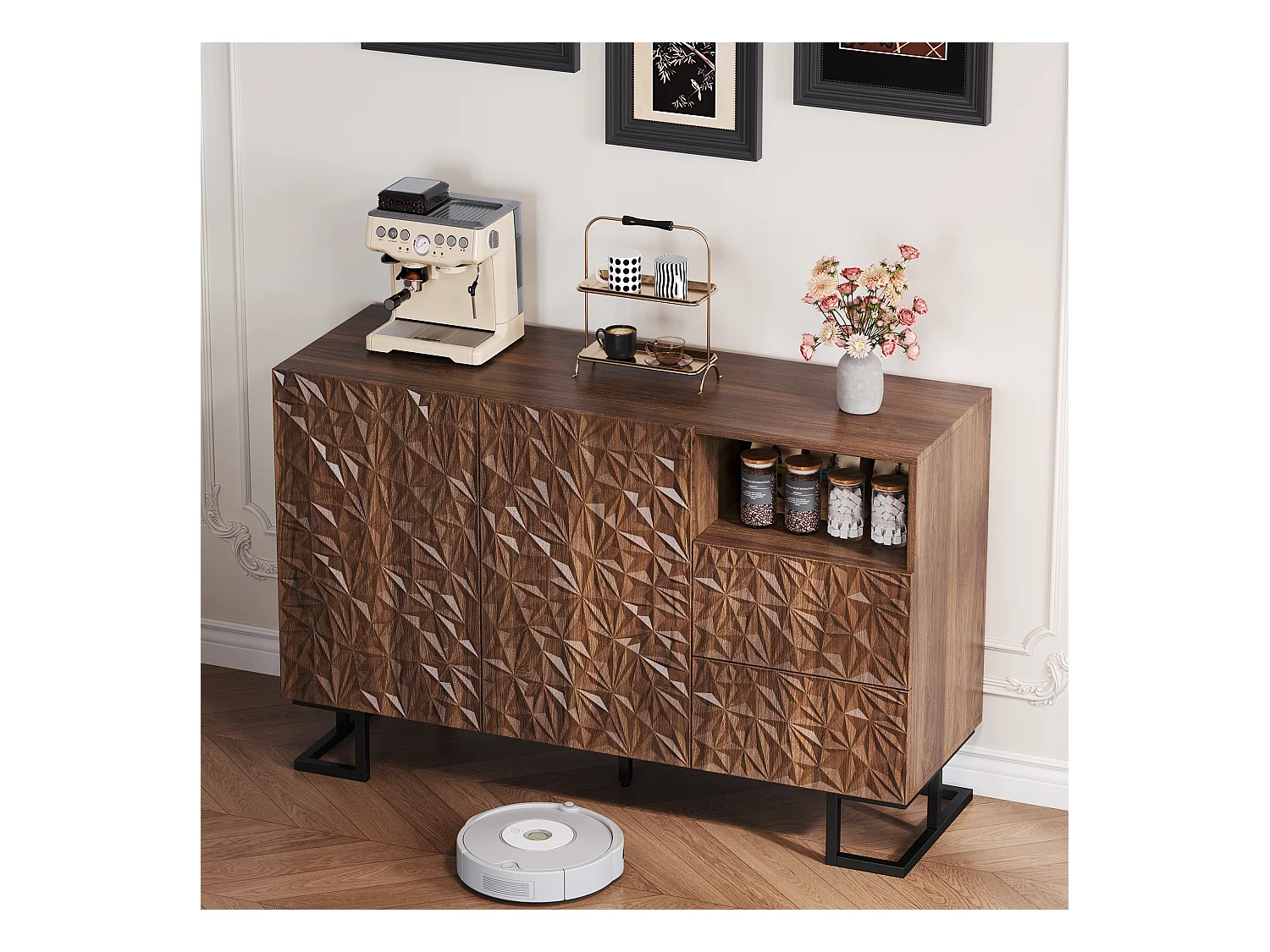 Buffet moderne 120x40x78.5cm - avec 2 tiroirs et 2 portes - relief des feuilles - Marron