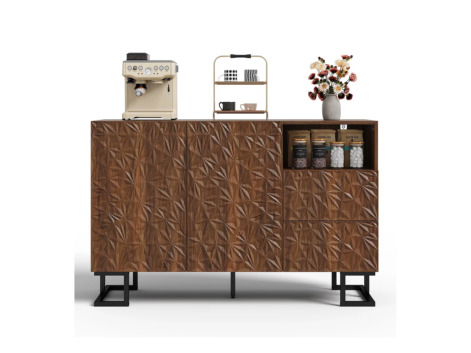 Buffet moderne 120x40x78.5cm - avec 2 tiroirs et 2 portes - relief des feuilles - Marron