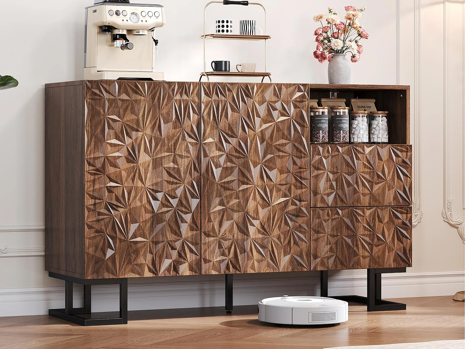 Buffet moderne 120x40x78.5cm - avec 2 tiroirs et 2 portes - relief des feuilles - Marron