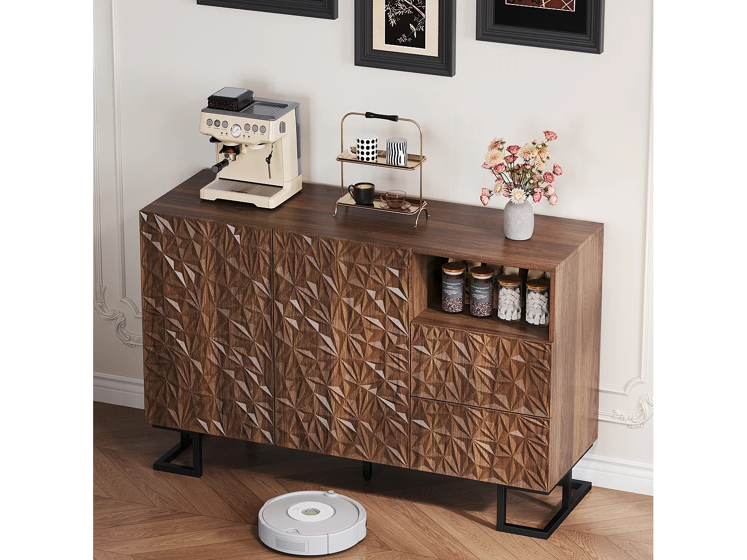 Buffet moderne 120x40x78.5cm - avec 2 tiroirs et 2 portes - relief des feuilles - Marron