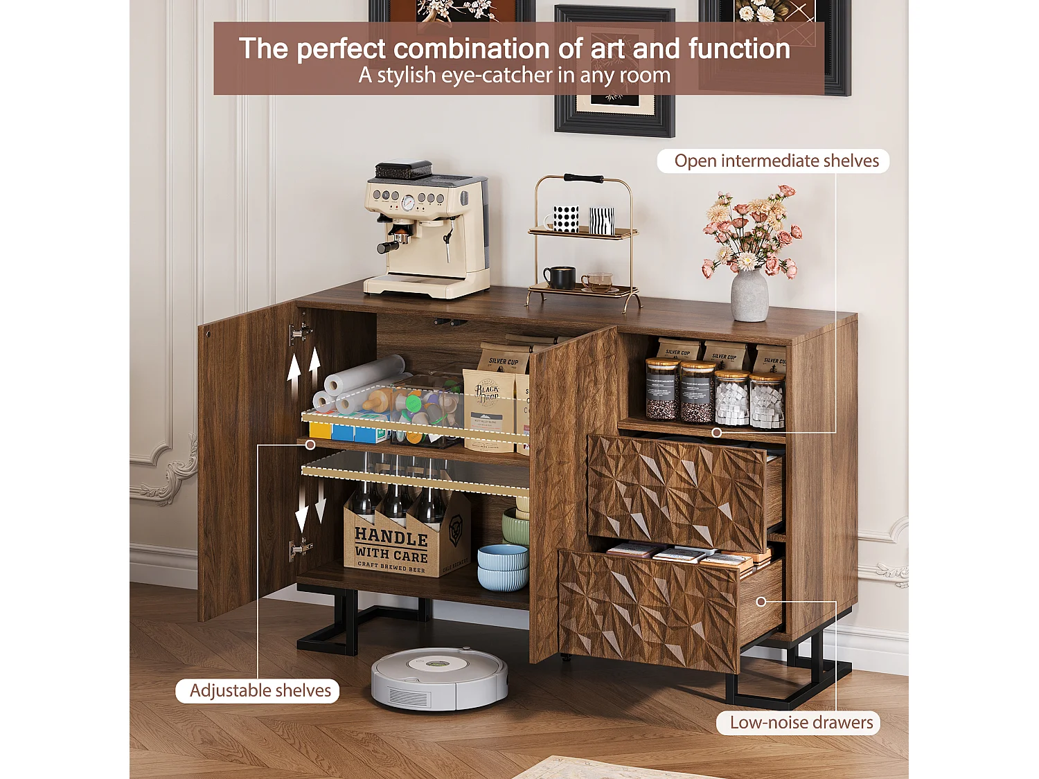 Buffet moderne 120x40x78.5cm - avec 2 tiroirs et 2 portes - relief des feuilles - Marron