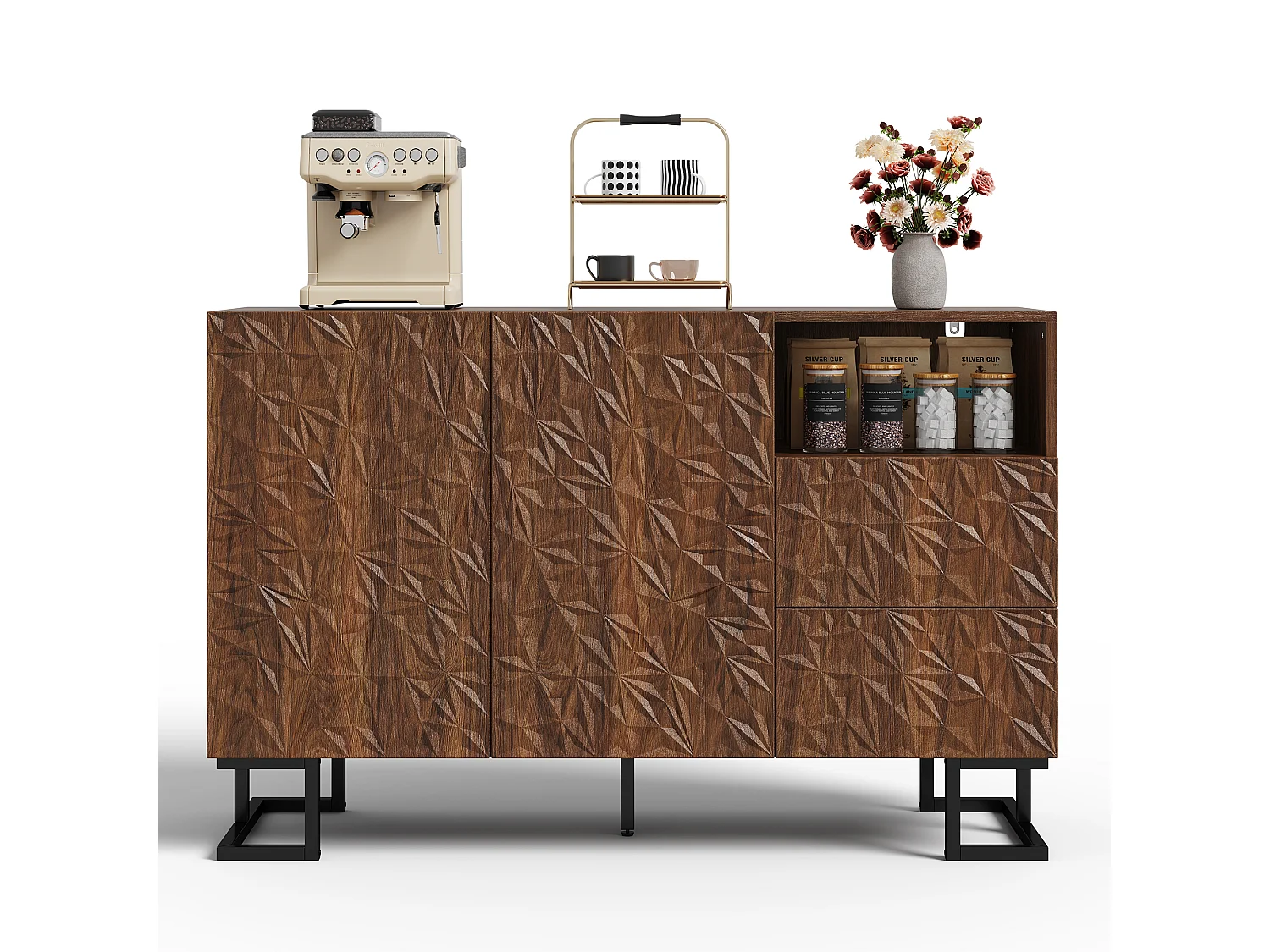 Buffet moderne 120x40x78.5cm - avec 2 tiroirs et 2 portes - relief des feuilles - Marron