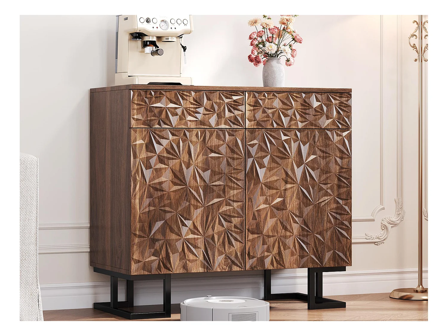 Buffet moderne 80x40x78cm - avec 2 tiroirs et 2 portes - relief des feuilles - Marron