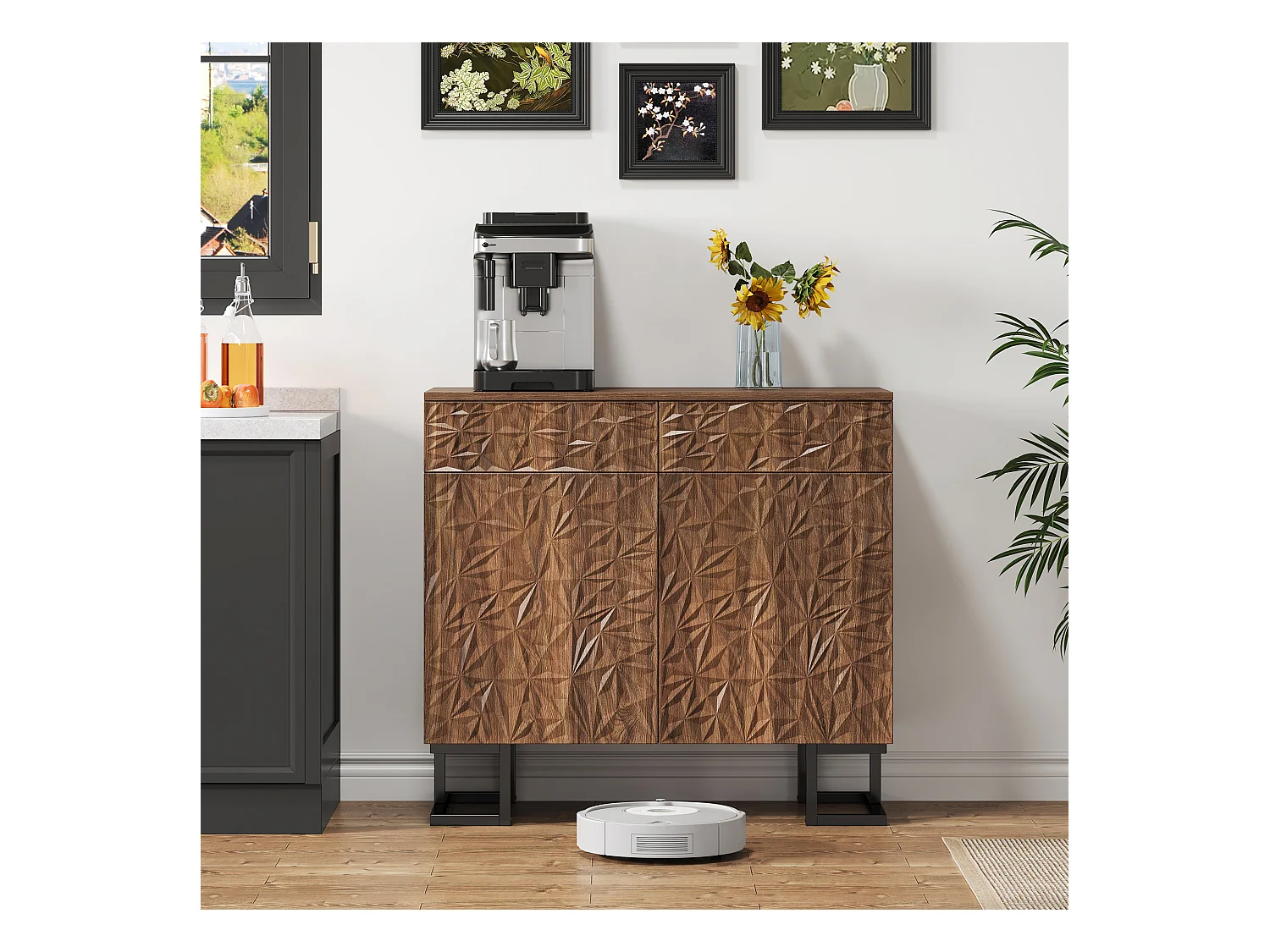 Buffet moderne 80x40x78cm - avec 2 tiroirs et 2 portes - relief des feuilles - Marron