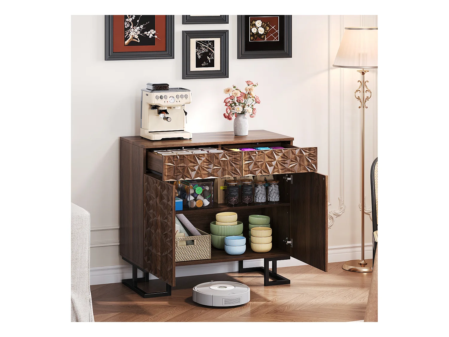 Buffet moderne 80x40x78cm - avec 2 tiroirs et 2 portes - relief des feuilles - Marron