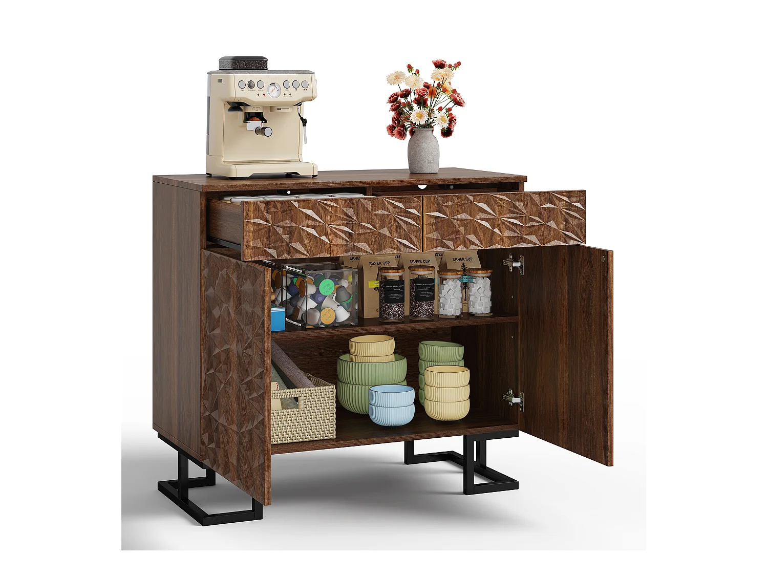 Buffet moderne 80x40x78cm - avec 2 tiroirs et 2 portes - relief des feuilles - Marron