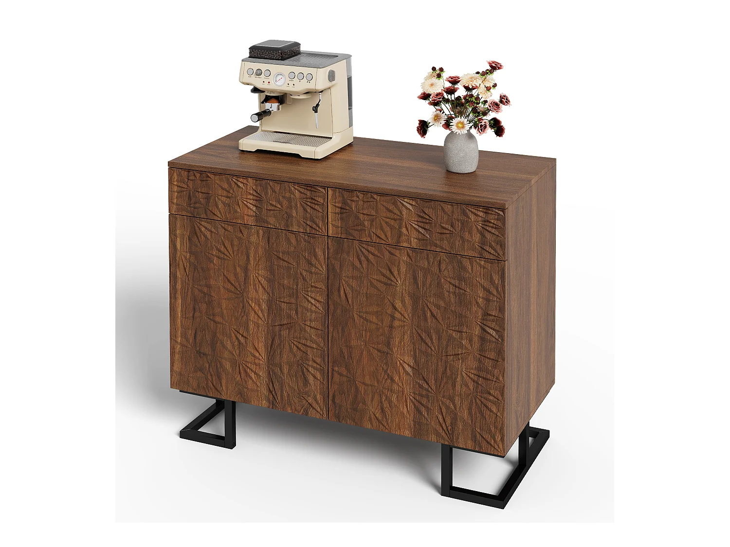 Buffet moderne 80x40x78cm - avec 2 tiroirs et 2 portes - relief des feuilles - Marron