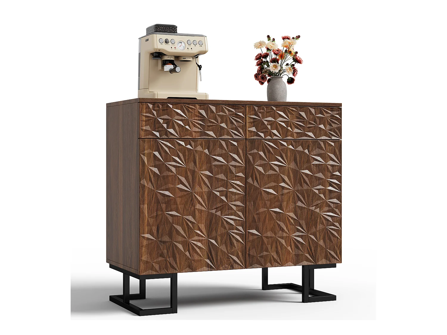 Buffet moderne 80x40x78cm - avec 2 tiroirs et 2 portes - relief des feuilles - Marron