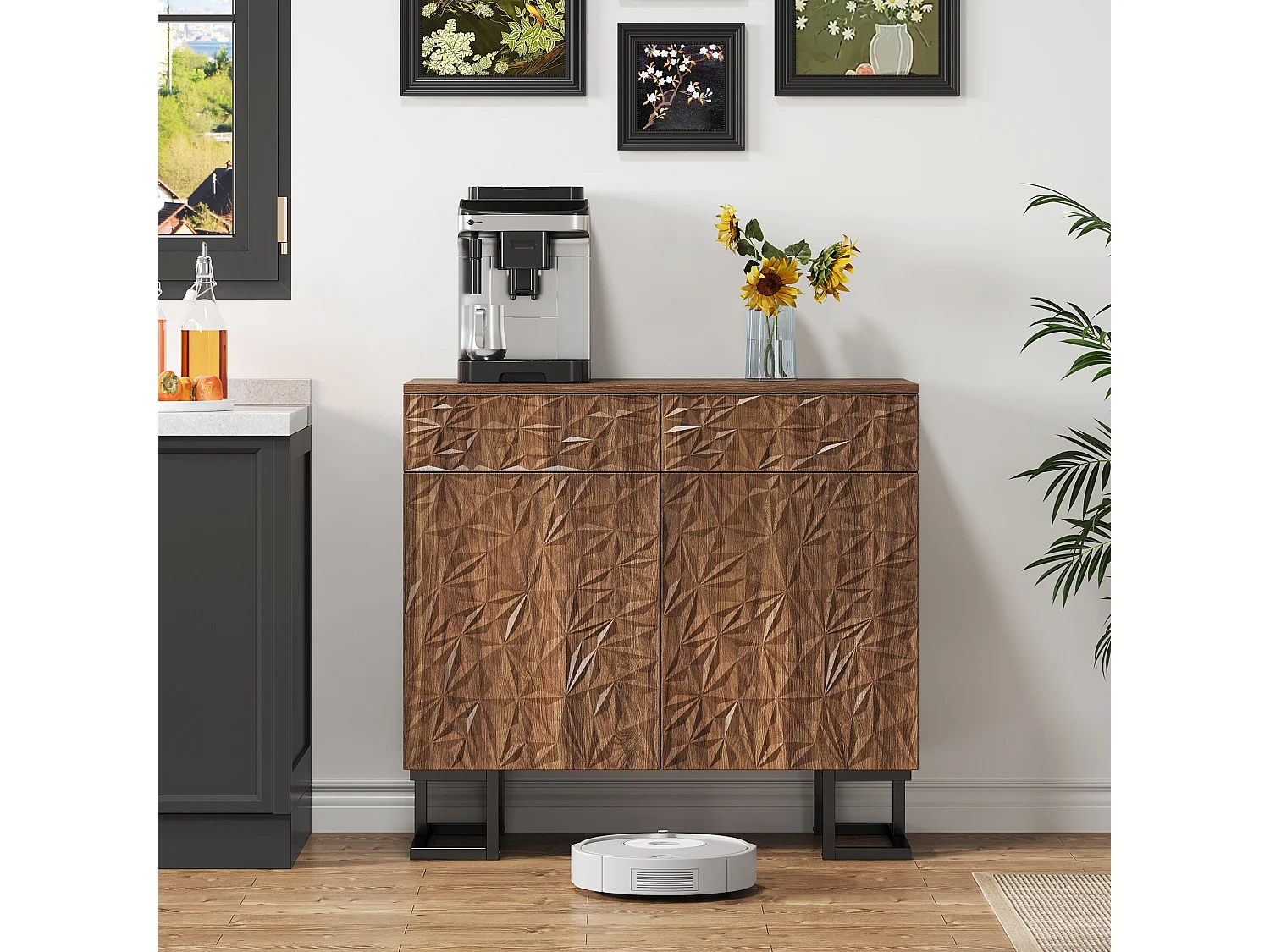 Modernes Sideboard 80×40×78 cm - mit 2 Schubladen und 2 Türen - Blattrelief - braun