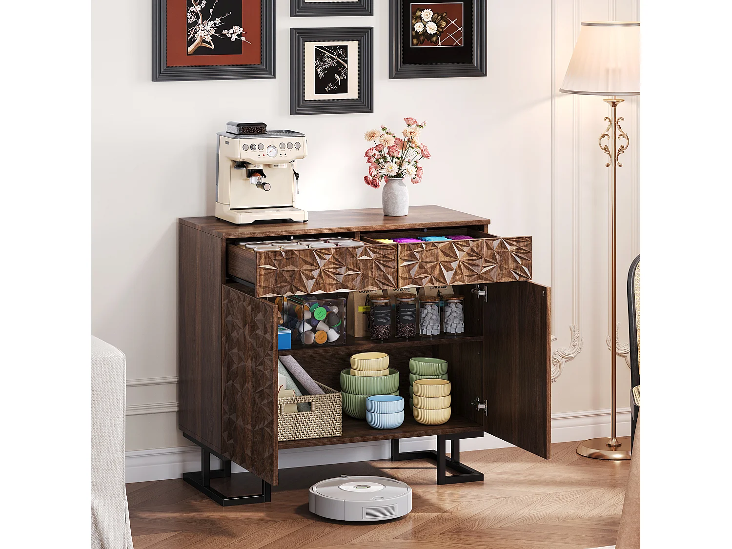 Modernes Sideboard 80×40×78 cm - mit 2 Schubladen und 2 Türen - Blattrelief - braun