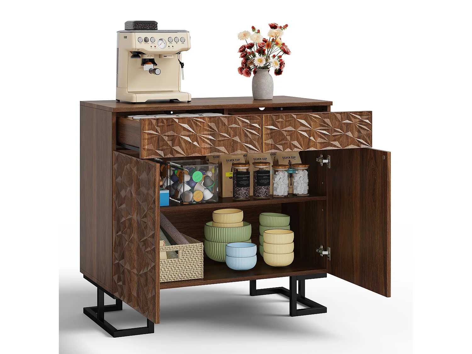 Modernes Sideboard 80×40×78 cm - mit 2 Schubladen und 2 Türen - Blattrelief - braun