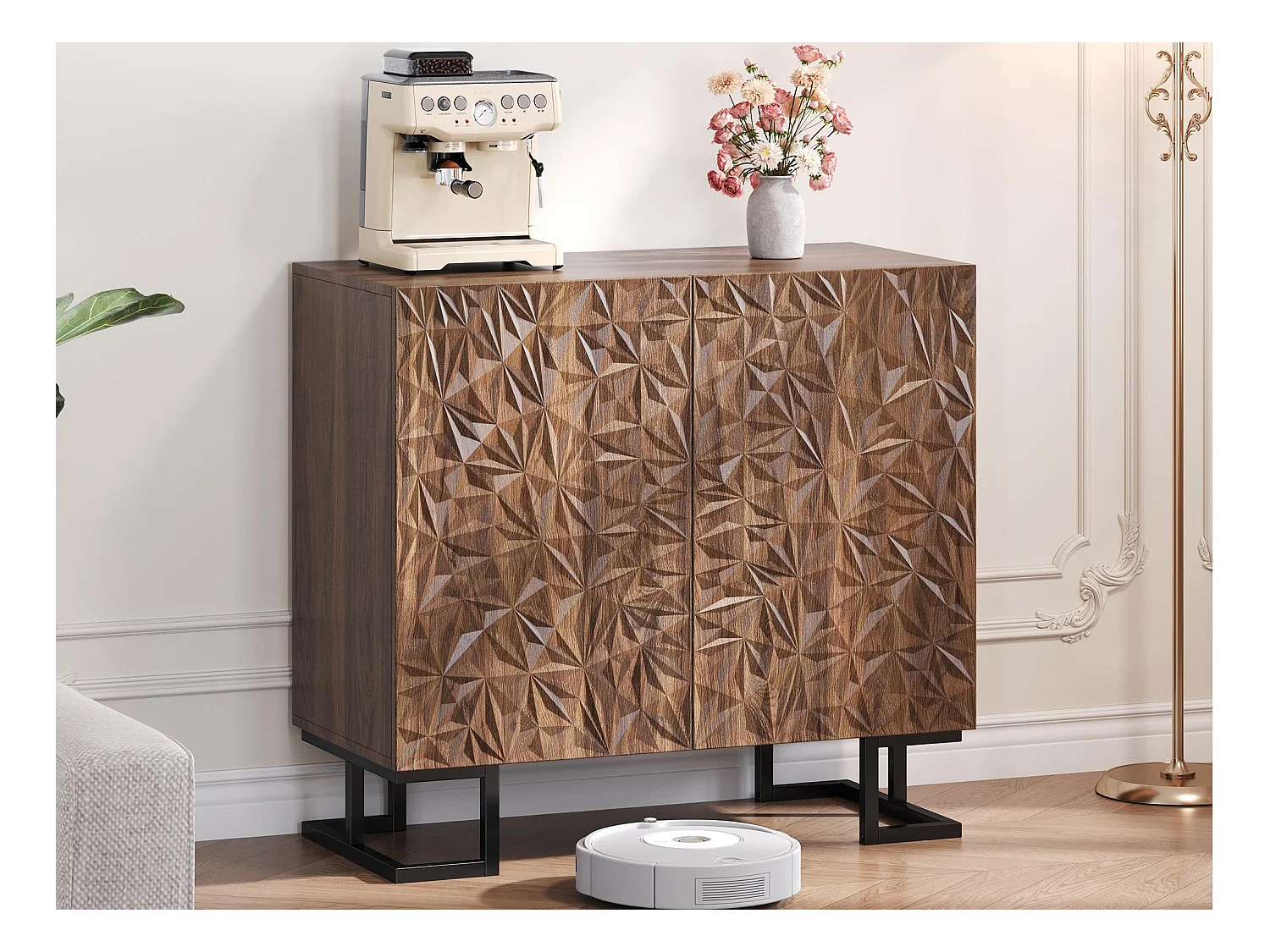 Buffet moderne 80x40x78cm - avec 2 portes - relief des feuilles - Marron