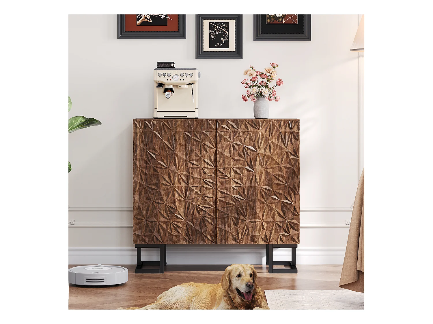 Buffet moderne 80x40x78cm - avec 2 portes - relief des feuilles - Marron