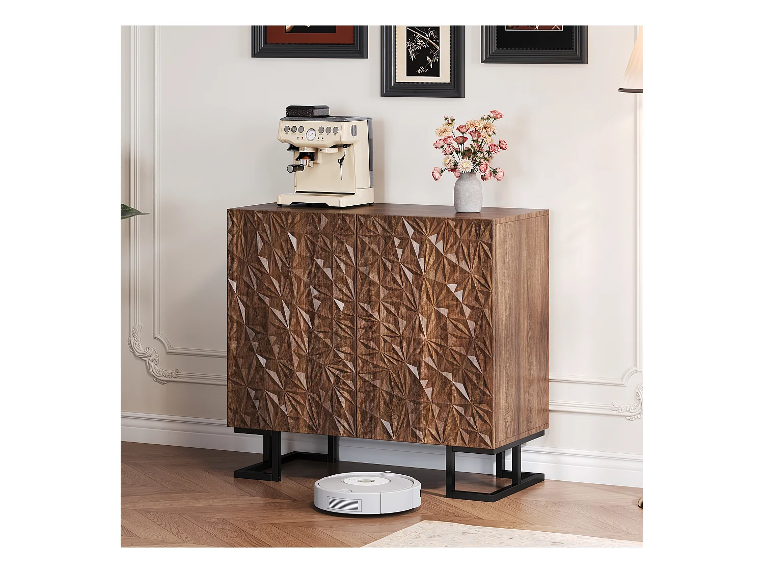 Buffet moderne 80x40x78cm - avec 2 portes - relief des feuilles - Marron