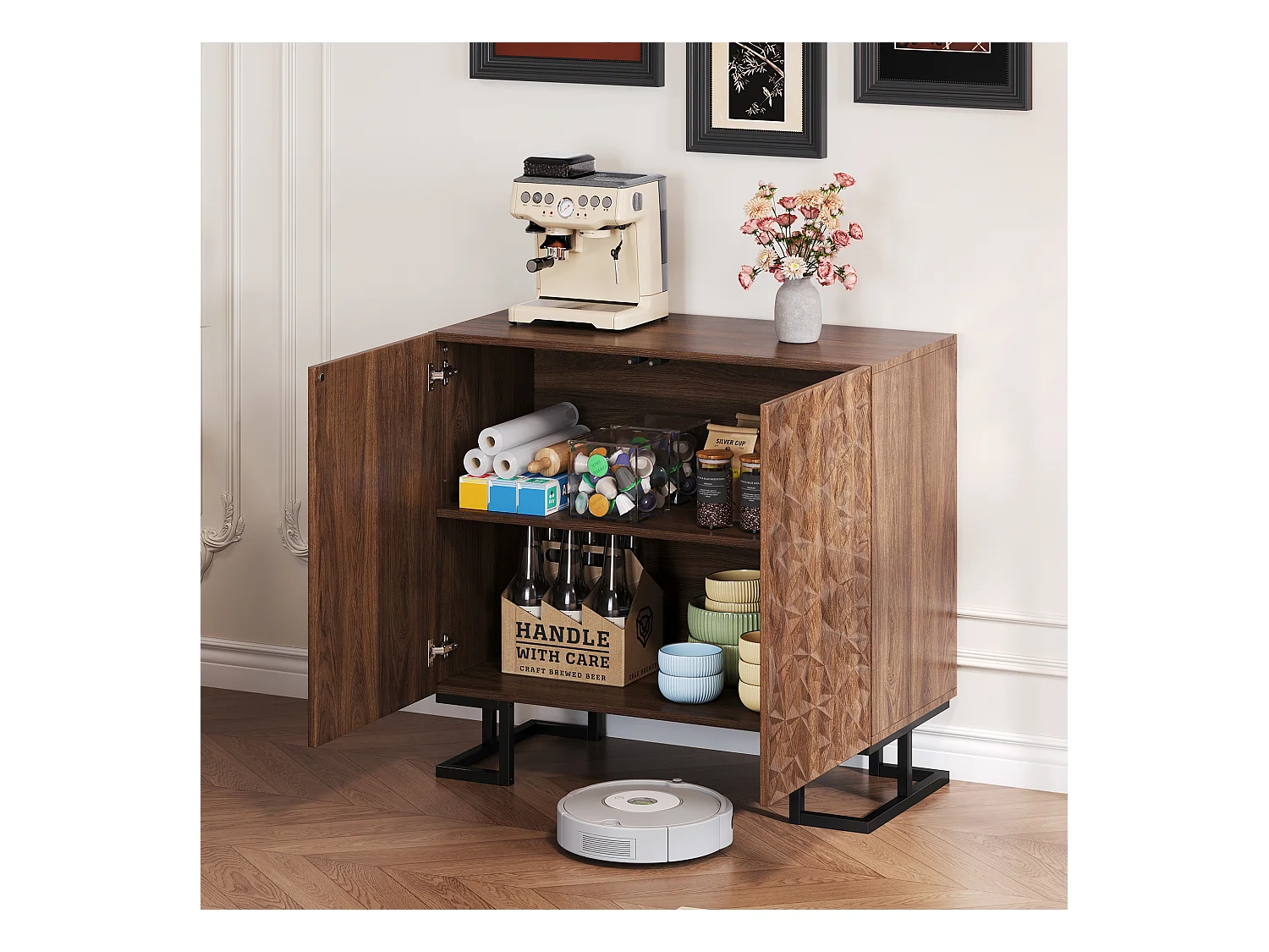 Buffet moderne 80x40x78cm - avec 2 portes - relief des feuilles - Marron