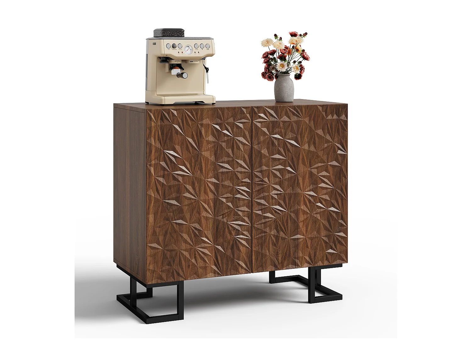 Buffet moderne 80x40x78cm - avec 2 portes - relief des feuilles - Marron