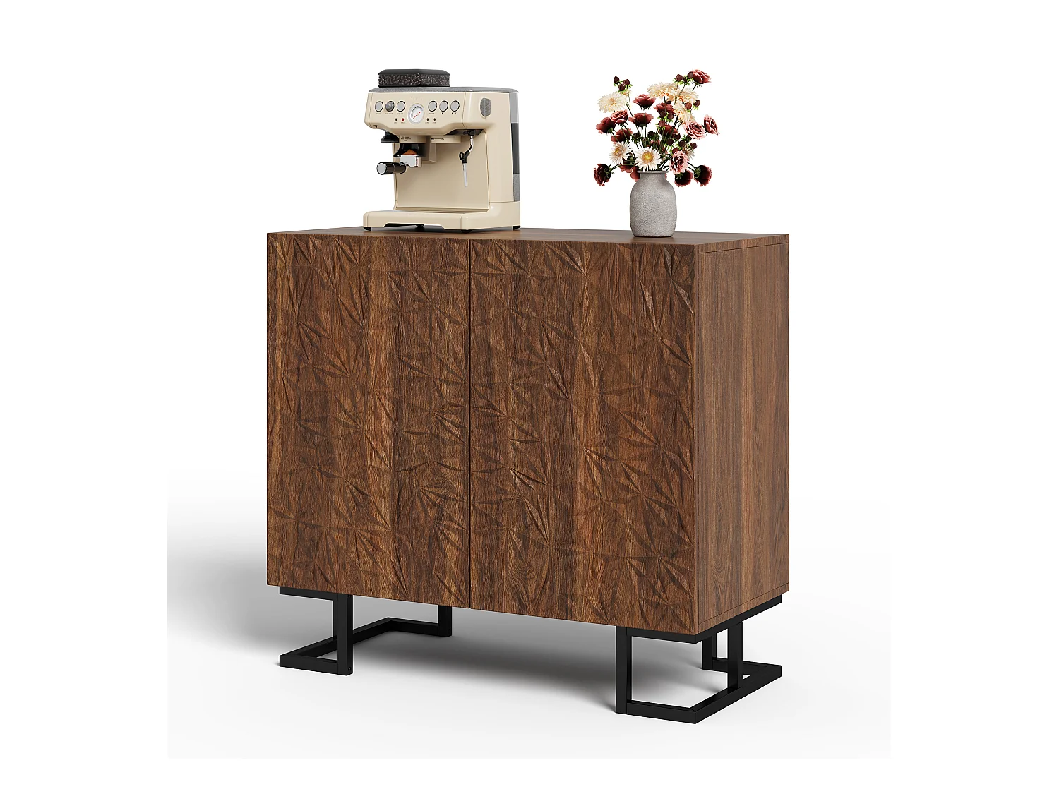 Buffet moderne 80x40x78cm - avec 2 portes - relief des feuilles - Marron