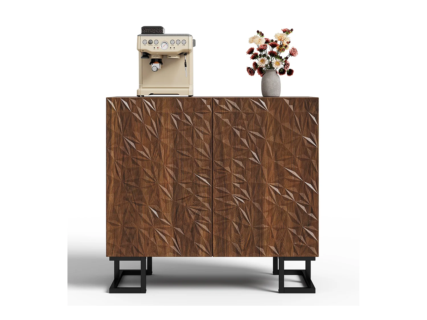 Buffet moderne 80x40x78cm - avec 2 portes - relief des feuilles - Marron