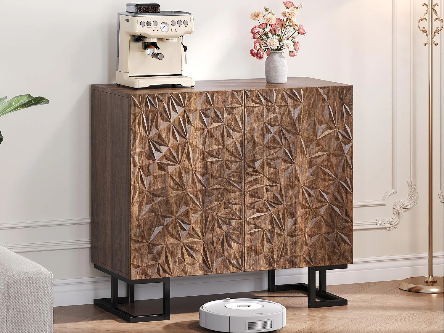 Modernes Sideboard 80×40×78 cm - mit 2 Türen - Blattrelief - braun