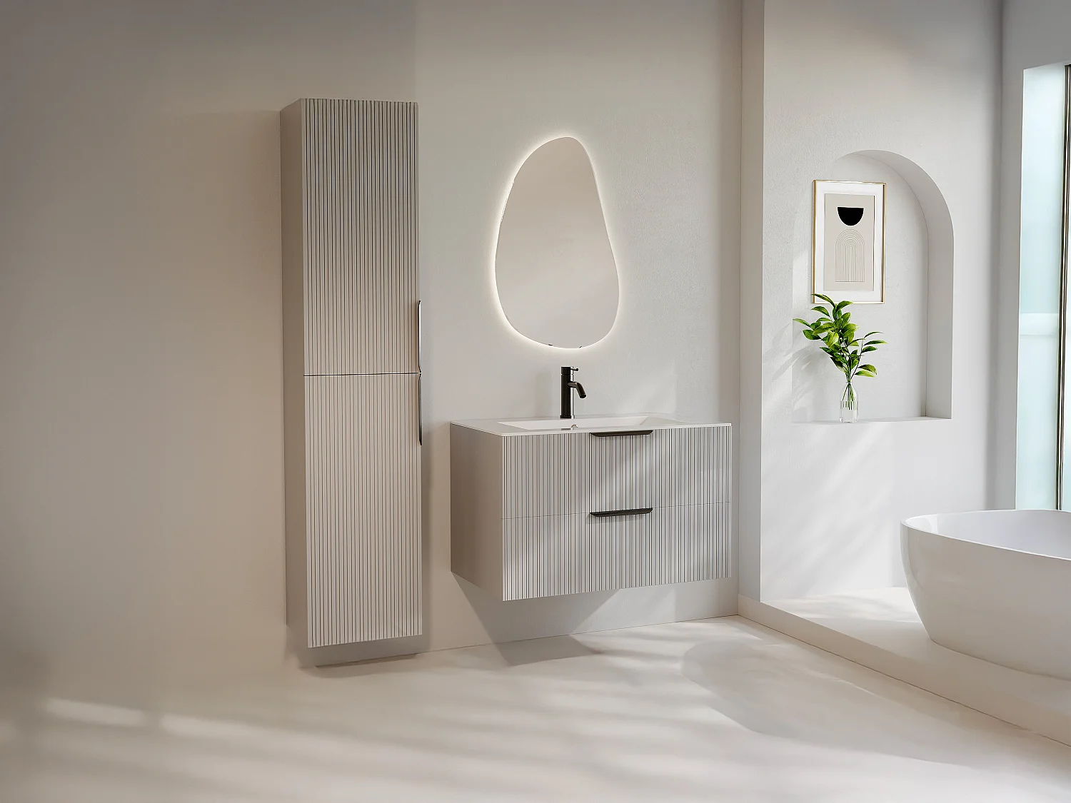 Meuble de salle de bain suspendu strié avec vasque à encastrer et colonne - Coloris beige - 80 cm - DALIKO