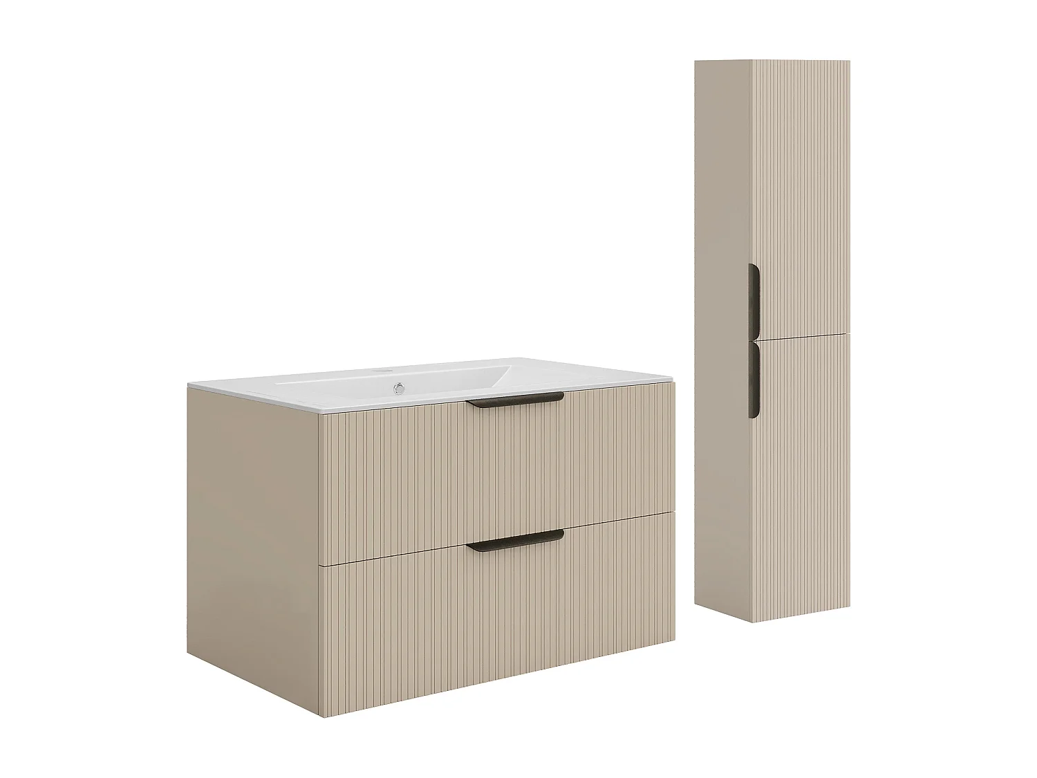 Meuble de salle de bain suspendu strié avec vasque à encastrer et colonne - Coloris beige - 80 cm - DALIKO