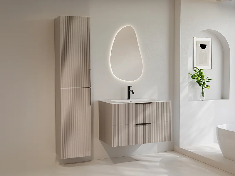 Mobile bagno sospeso con scanalature con lavabo ad incasso e colonna - Beige - 80 cm - DALIKO