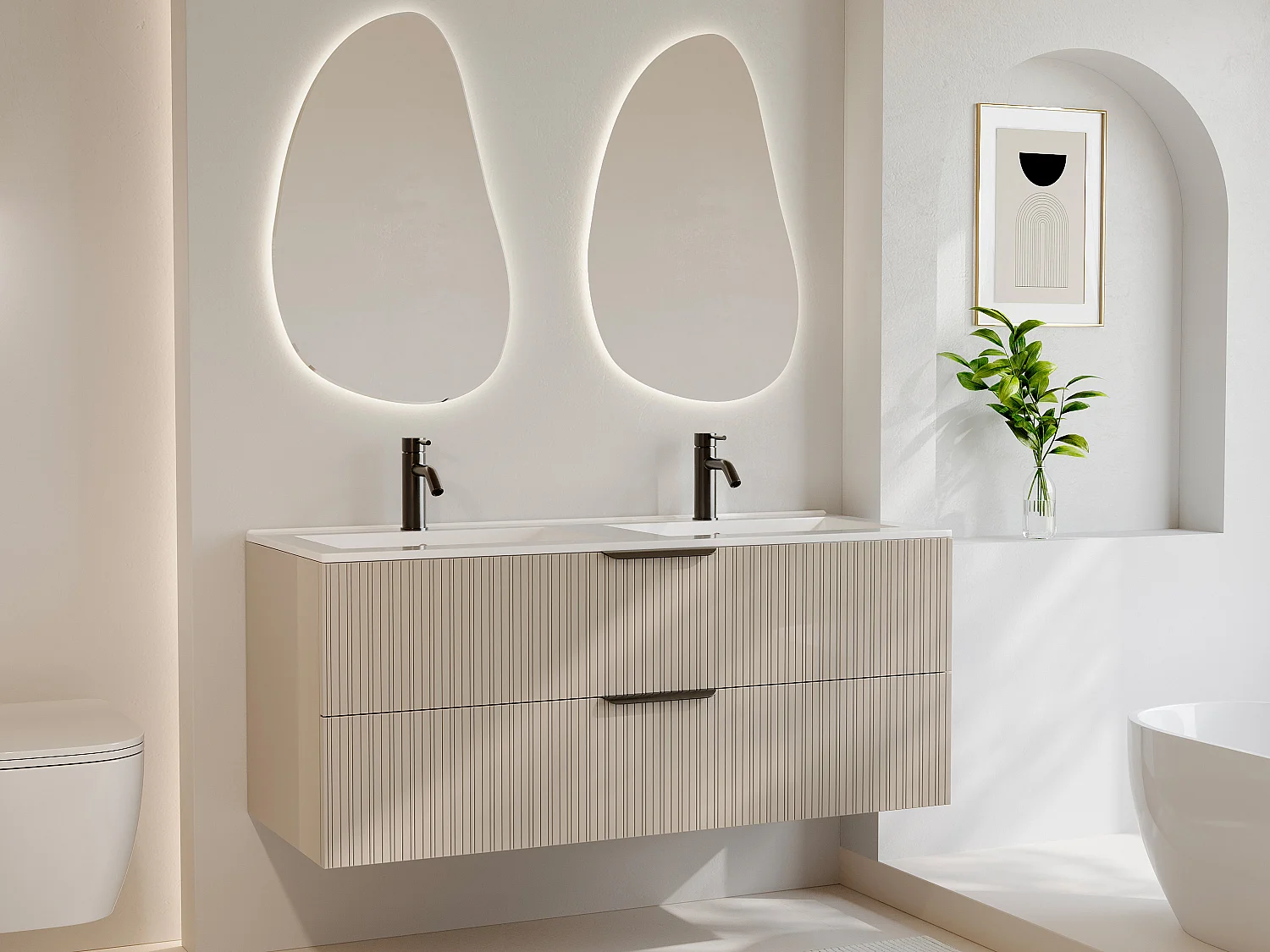 Zwevend badkamermeubel met ribbelstructuur en inbouwwastafel - Beige - 120 cm - DALIKO