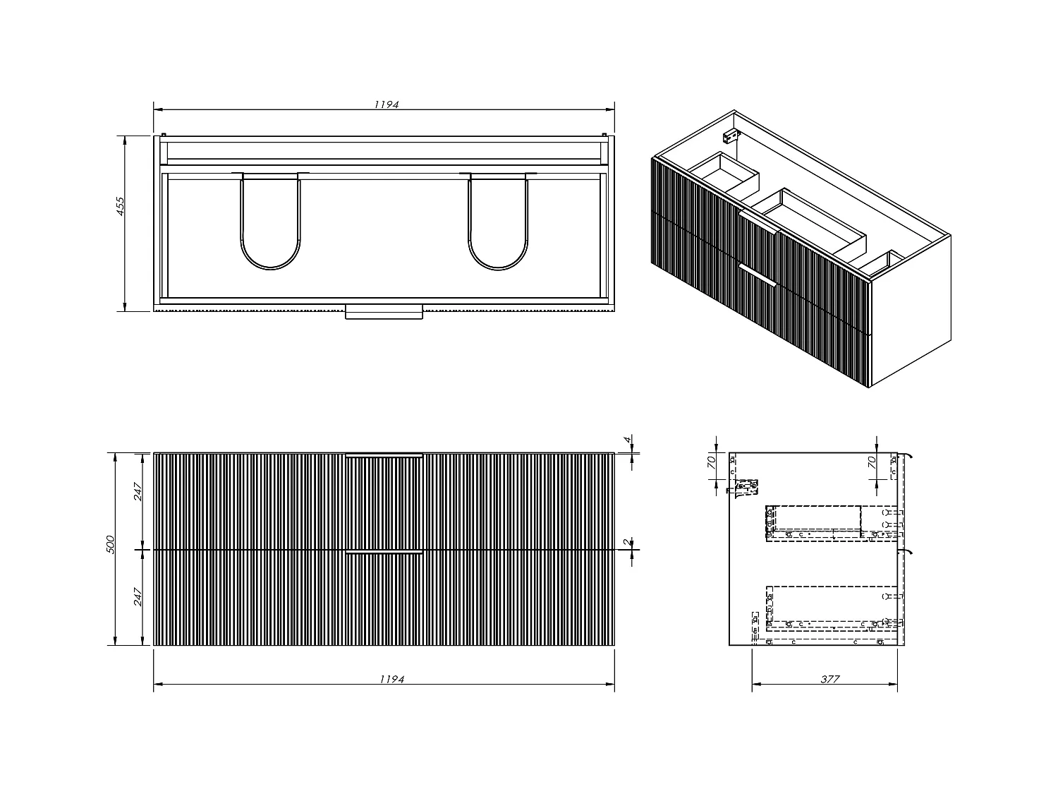 Hengende, riflet baderomsmøbel med innfelt servant og høyskap - Beige farge - 120 cm - DALIKO