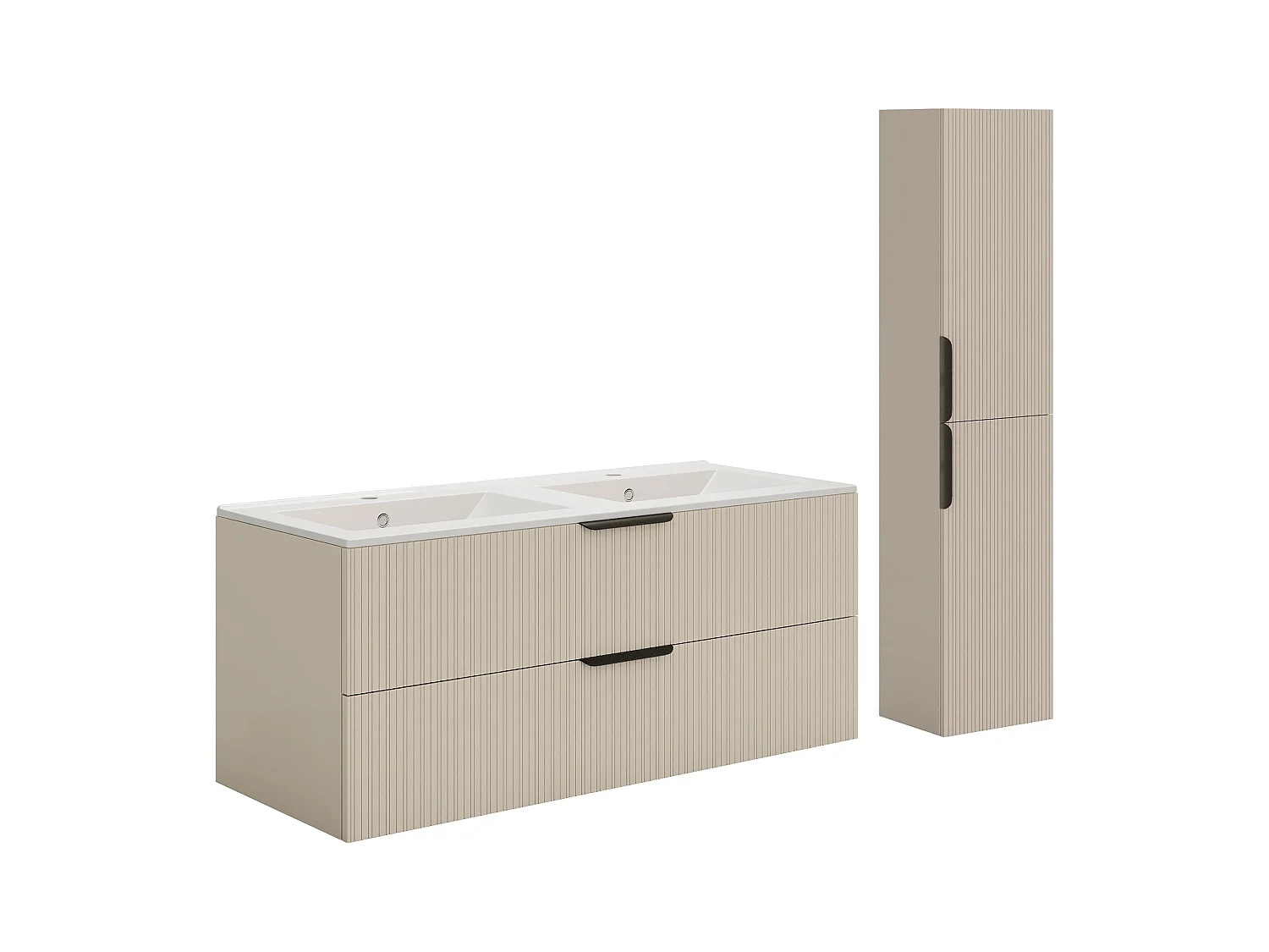 Hengende, riflet baderomsmøbel med innfelt servant og høyskap - Beige farge - 120 cm - DALIKO