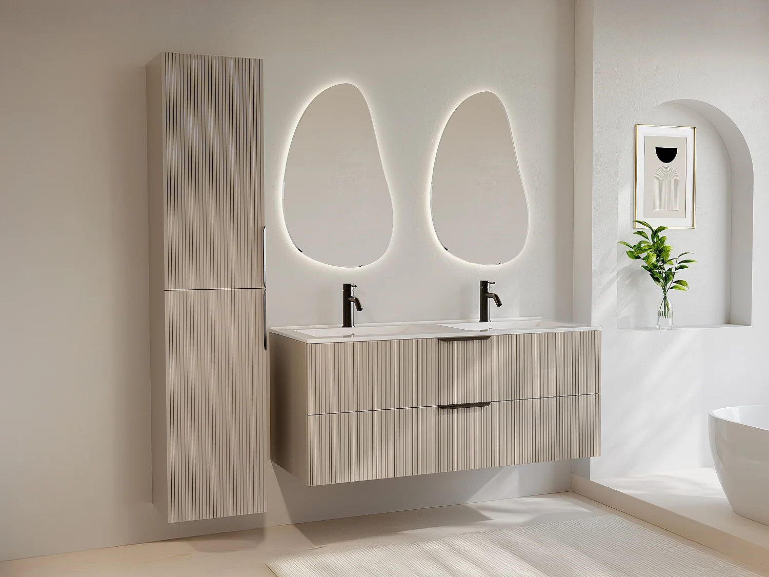 Meuble de salle de bain suspendu strié avec vasque à encastrer et colonne - Coloris beige - 120 cm - DALIKO