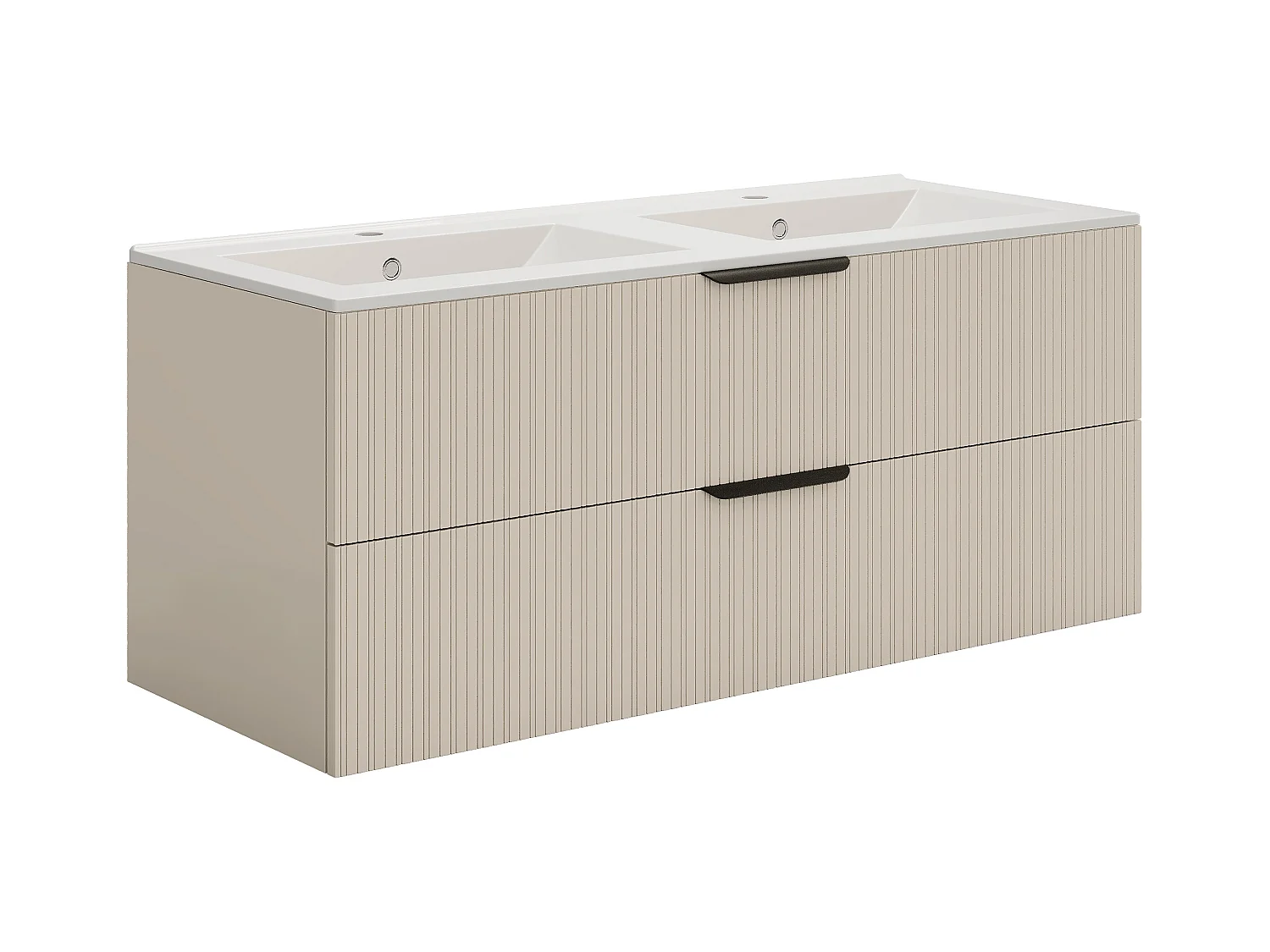 Hengende, riflet baderomsmøbel med innfelt servant og høyskap - Beige farge - 120 cm - DALIKO